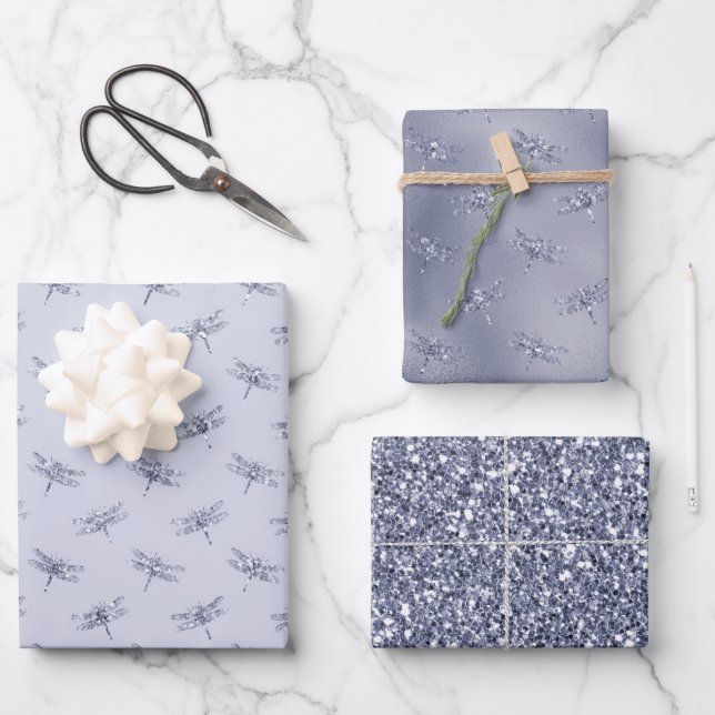 Lila Lavender Glitzer Dragonflies   Geschenkpapier Set (Vorderseite)