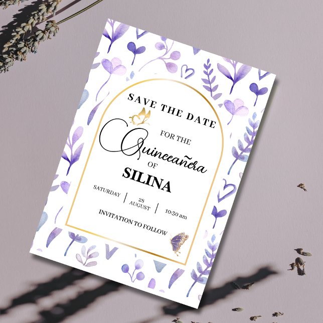 Lila Lavender Gold Arch Quinceñera Butterfly Save The Date (Von Creator hochgeladen)