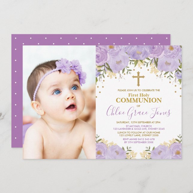 Lila Lavender Gold Floral Erste Heilige Kommune Einladung (Vorne/Hinten)