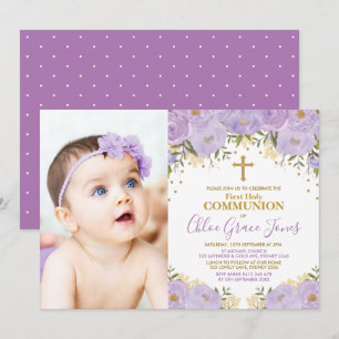 Lila Lavender Gold Floral Erste Heilige Kommune Einladung