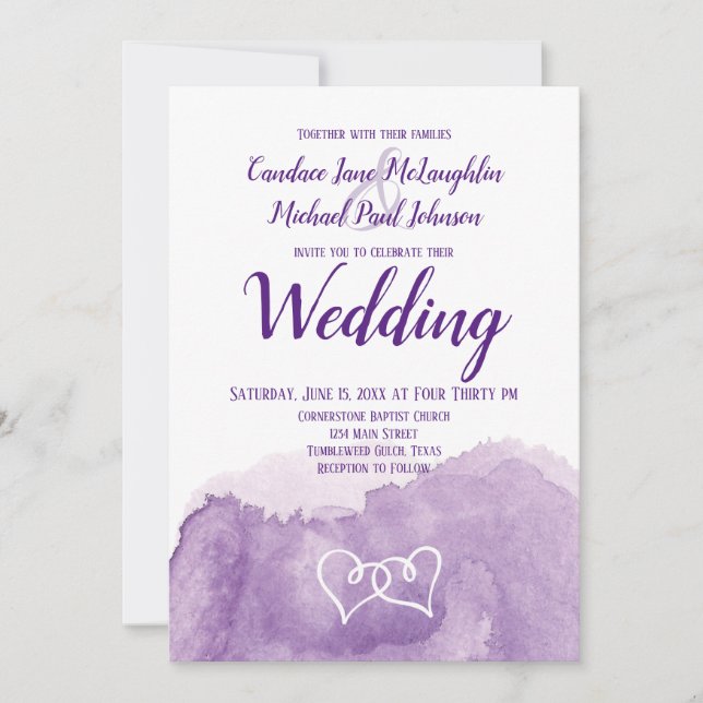Lila Lavender Watercolor Doppelherzen Hochzeit Einladung (Vorderseite)