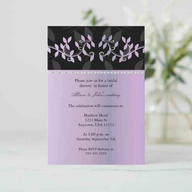 Lila Leaf Border Bridal Dusche Einladung (Stehend Vorderseite)