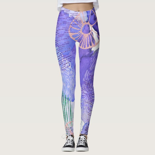 lila Leggings mit abstrakter Blumenschrift (Vorderseite)