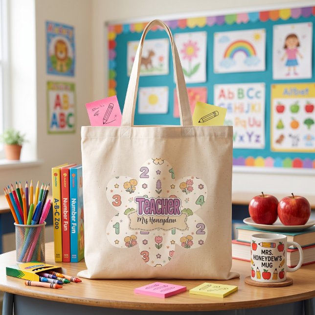 Lila Lehrer Schul Zahlen Muster  Tragetasche (Von Creator hochgeladen)