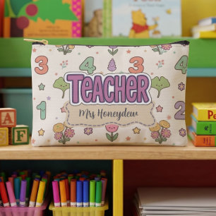 Lila Lehrer Schul Zahlen Muster Zubehörtasche