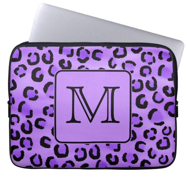 Lila Leopard-Druck-Gewohnheits-Monogramm Laptopschutzhülle (Vorderseite)