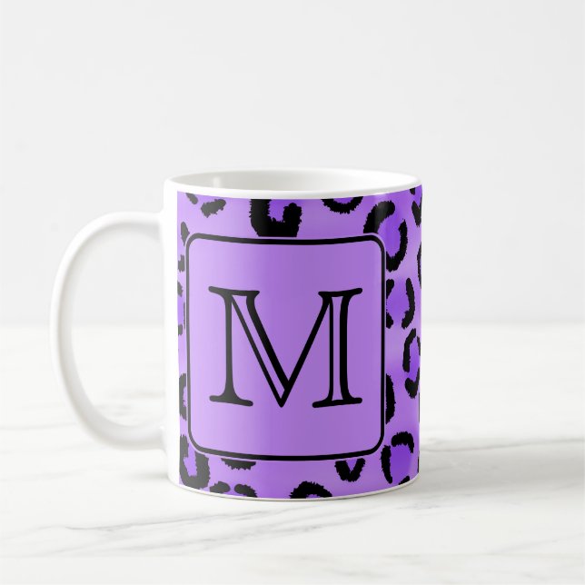 Lila Leopard-Druck-Gewohnheits-Monogramm Tasse (Links)