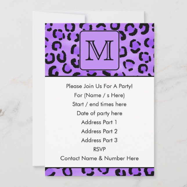 Lila Leopard Print Custom Monogram. Einladung (Vorderseite)