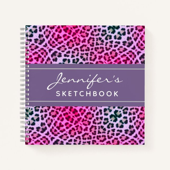 Lila Leopard Print Monogram Artist Sketchbook Notizbuch (Vorderseite)