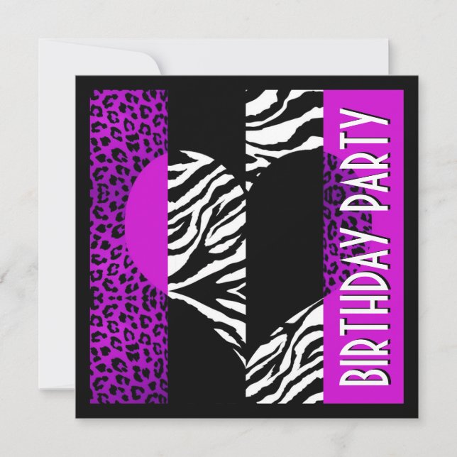 Lila Leopard-Schwarz-Weiß-Zebra Einladung (Vorderseite)