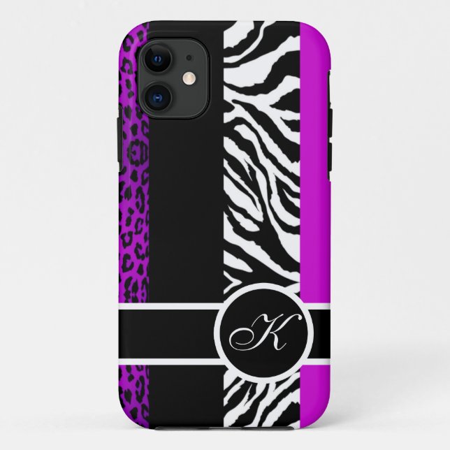 Lila Leopard-und Zebra-Tierdruck-Monogramm Case-Mate iPhone Hülle (Rückseite)