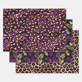 Lila Leopardenmuster mit goldenen tropischen Blätt Geschenkpapier Set