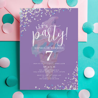 Lila Let's Party Regenbogeneis Creme Geburtstag Einladung