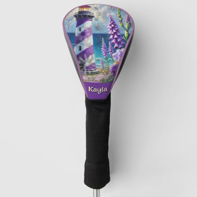 Lila Leuchtturm mit Foxglove & Iris Personalisiert Golf Headcover (Vorderseite)