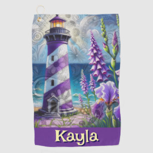 Lila Leuchtturm mit Foxglove & Iris Personalisiert Golfhandtuch