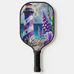 Lila Leuchtturm mit Foxglove & Iris Personalisiert Pickleball Schläger