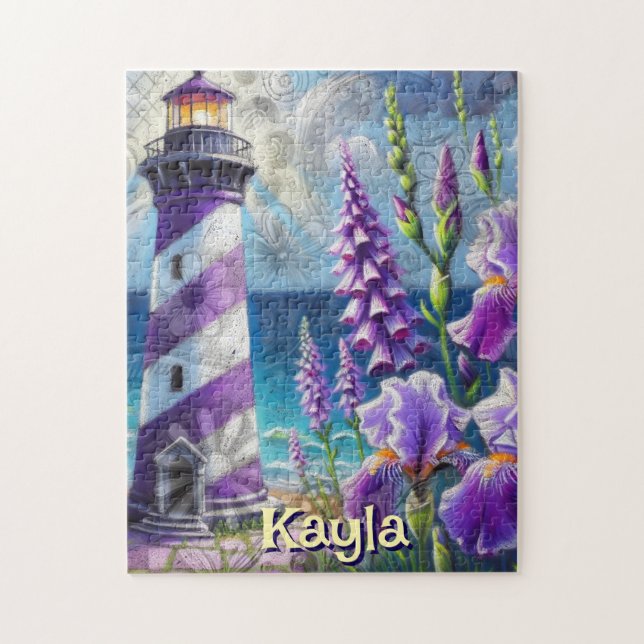 Lila Leuchtturm mit Foxglove & Iris Personalisiert Puzzle (Vertikal)