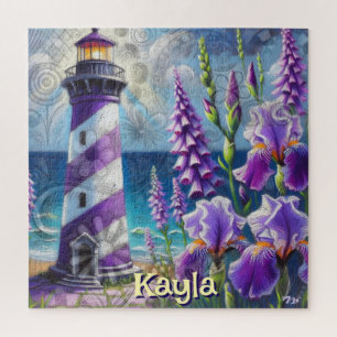 Lila Leuchtturm mit Foxglove & Iris Personalisiert Puzzle