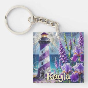 Lila Leuchtturm mit Foxglove & Iris Personalisiert Schlüsselanhänger