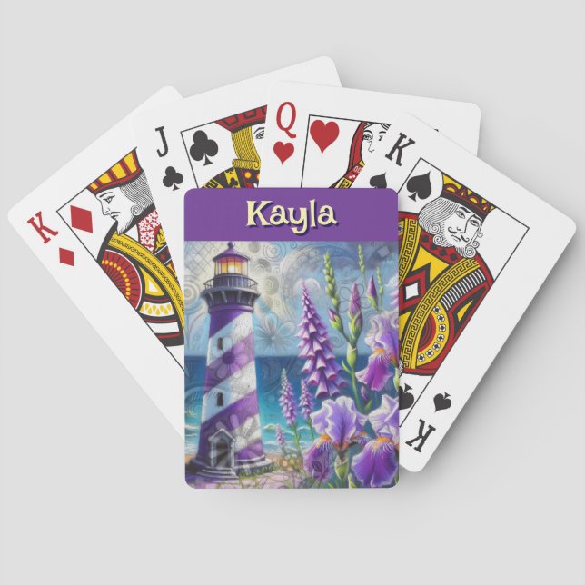 Lila Leuchtturm mit Foxglove & Iris Personalisiert Spielkarten (Rückseite)
