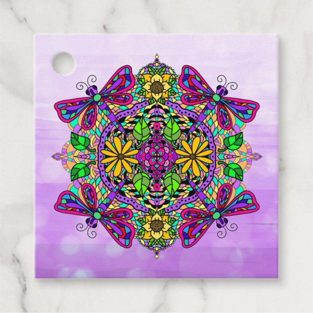 Lila Libelle und Blume Mandala Handgezeichnet Geschenkanhänger (Vorderseite)