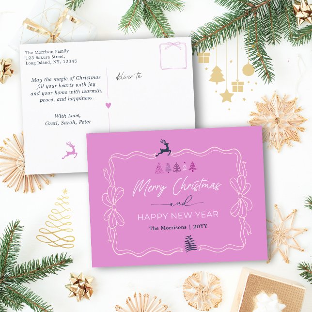 Lila Licht: Bow & Trees Doodles Holiday Postkarte (Light Purple: Bow & Trees Doodles Holiday Postcard)