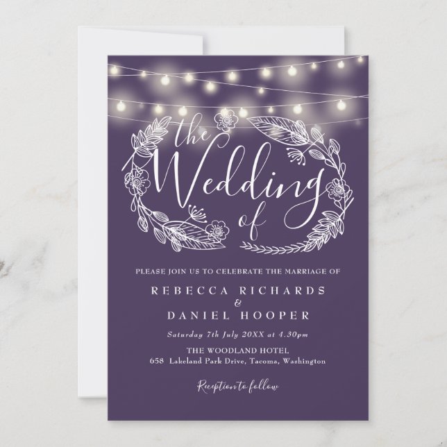 Lila Lichterkette Florale Schrift Hochzeit Einladung (Vorderseite)