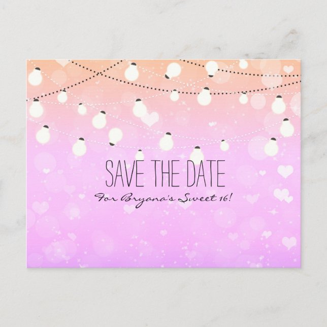 Lila Lichterkette funkelt Save Date Postkarte (Vorderseite)