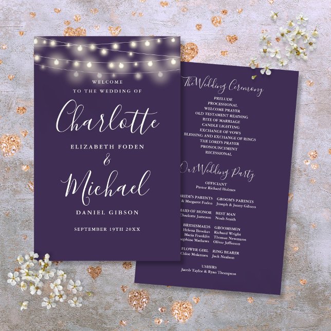Lila Lichterkette Hochzeitsprogramm (Purple String Lights Wedding Program)