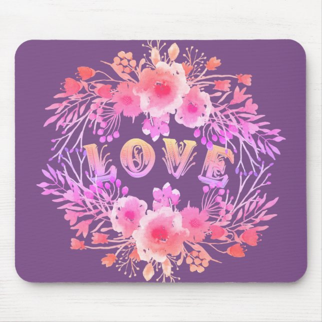 Lila LIEBE in Aquarellfarben-Blume Mousepad (Vorne)