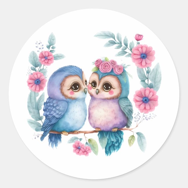Lila Liebe Owls: Eine Niedliche und romantische Runder Aufkleber (Vorderseite)