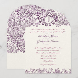 Lila Liebesgeburten Damask Monogram Hochzeiten Einladung