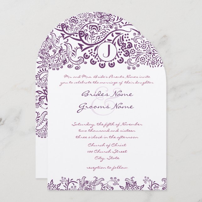 Lila Liebesgeburten Damask Monogram Hochzeiten Einladung (Vorne/Hinten)