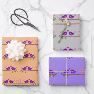 Lila Liebesvögel Geschenkpapier Set
