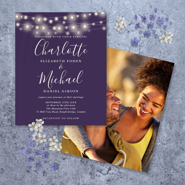 Lila Lights Foto Hochzeitseinladung (Budget Purple Lights Photo Wedding Invitation)