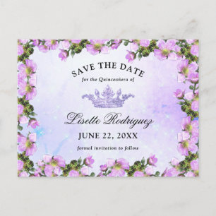 Lila-lila Blumen-Quinceanera-Save-the-Date Postkarte