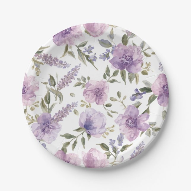 Lila-lila Blumen-Wasserfarbe Botanisch Pappteller (Vorderseite)