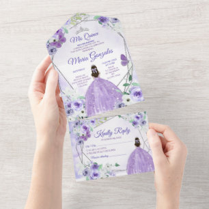 Lila lila Blumenprinzessin Quinceañera All In One Einladung