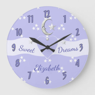 Lila Lila mit Mondstern und Babynamen Große Wanduhr
