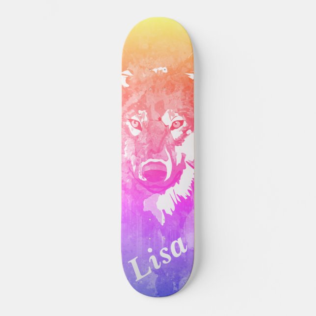 Lila lila-orange-abstrakte Aquarellwolf Skateboard (Vorderseite)