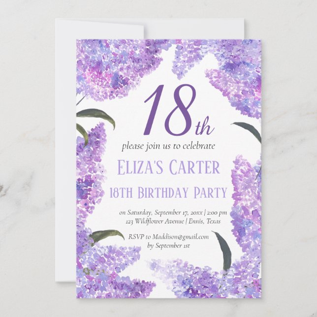 Lila Lilac 18. Floral Elegant Geburtstag Einladung (Vorderseite)