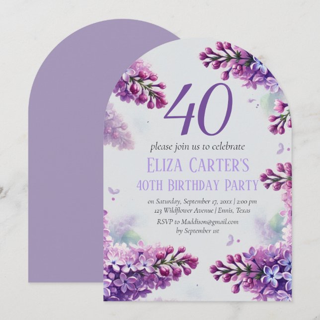 Lila Lilac 40. Floral Elegant Geburtstag Einladung (Vorne/Hinten)