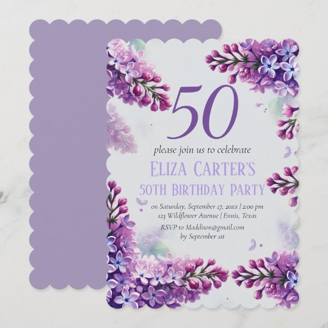 Lila Lilac 50th Floral Elegant Geburtstag Einladung (Vorne/Hinten)