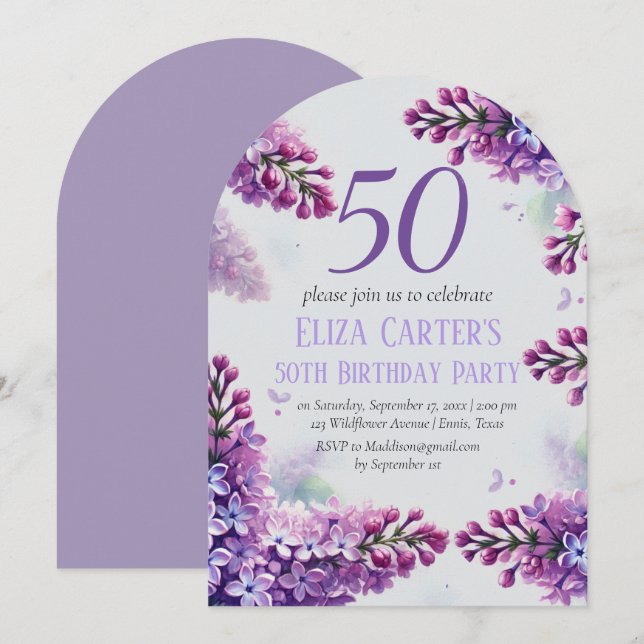 Lila Lilac 50th Floral Elegant Geburtstag Einladung (Vorne/Hinten)