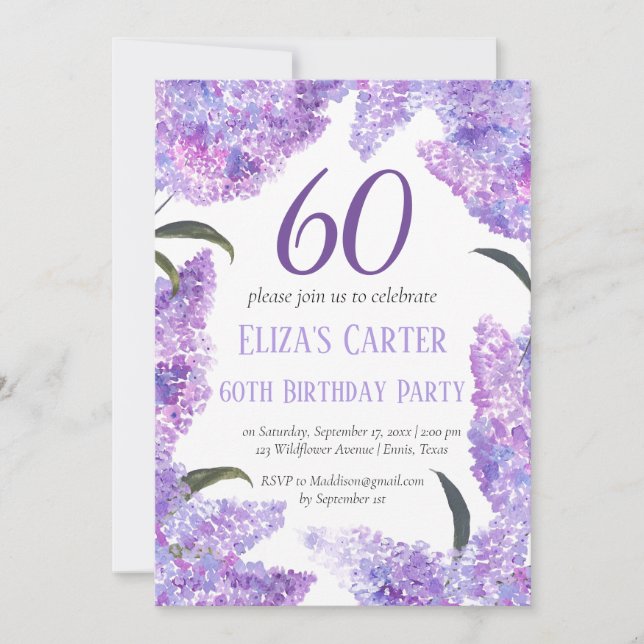 Lila Lilac 60th Floral Elegant Geburtstag Einladung (Vorderseite)
