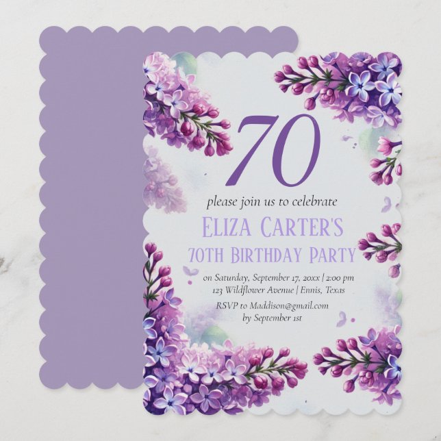 Lila Lilac 70th Floral Elegant Geburtstag Einladung (Vorne/Hinten)