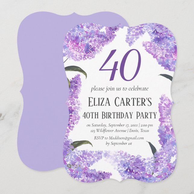 Lila Lilac Blume 40. Geburtstag Vierziges Elegant Einladung (Vorne/Hinten)