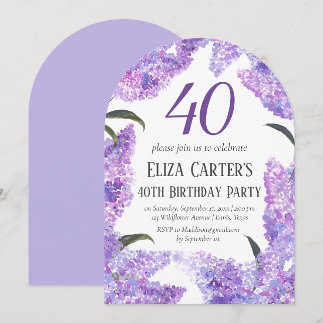 Lila Lilac Blume 40. Geburtstag Vierziges Elegant Einladung (Vorne/Hinten)