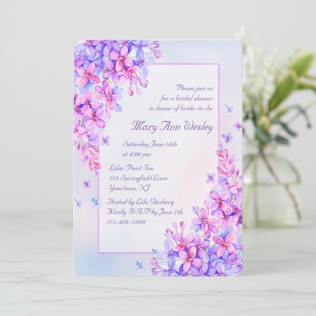 Lila Lilac Blume Brautparty Card Einladung (Stehend Vorderseite)