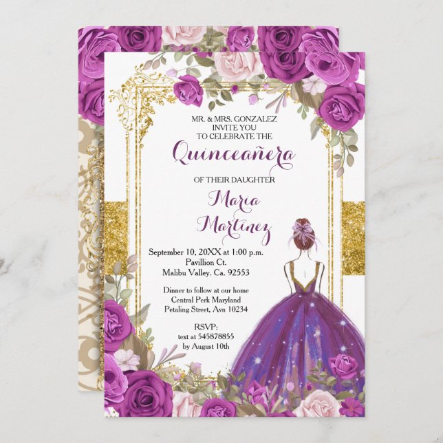 Lila Lilac Blume Gold Quinceanera Einladung (Vorne/Hinten)